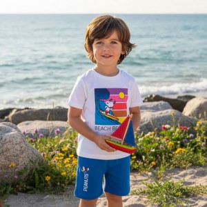 Set băieți Sarabanda cu tricou Snoopy și pantaloni scurți cu imprimeu Peanuts, 0.6536PV23ABS